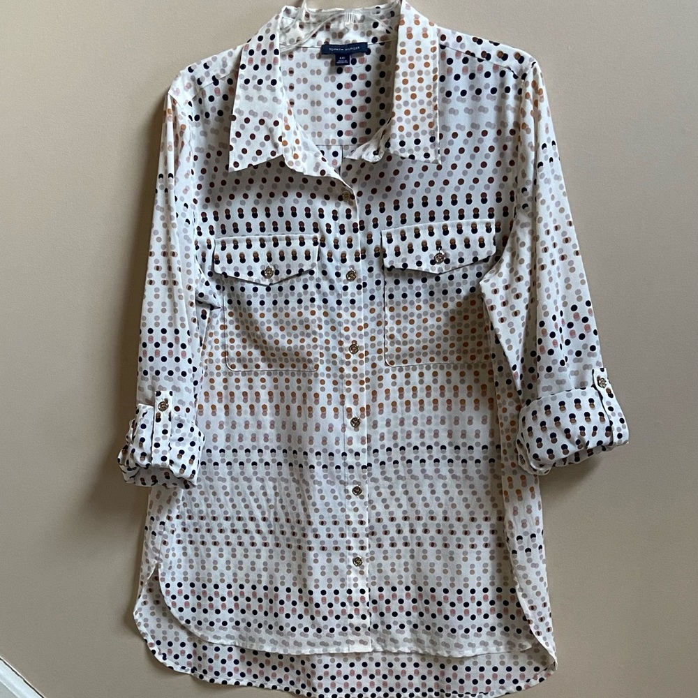TOMMY HILFIGER TOPS / BLOUSE LONG-ROLL UP SLEEVES/ POLKA DOTS- MULTI/ LARGE/EUC